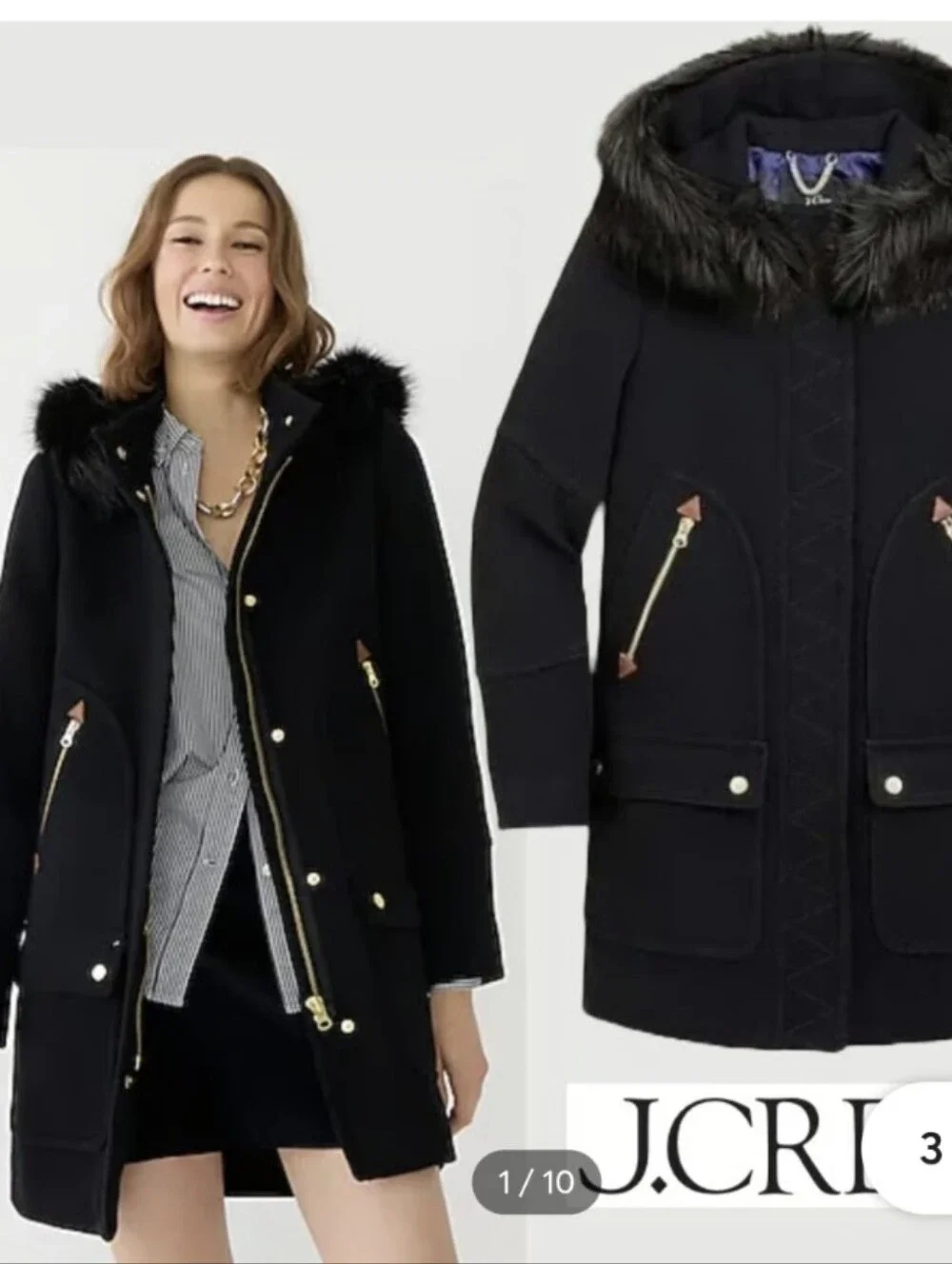 J. Crew Black Chateau Hooded Parka Coat In Italian Stadium-Cloth Wool Medium